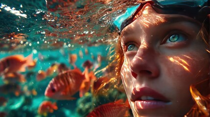 Girl snorkeling, vibrant reef, underwater, fish, ocean