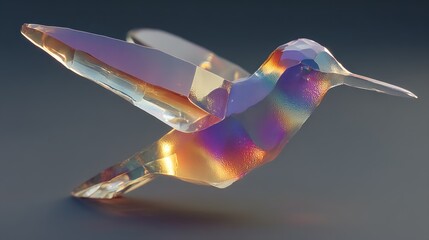 Glass hummingbird sculpture, iridescent, studio shot, dark background, decor
