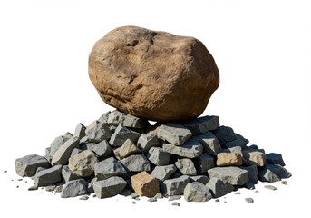 Large brown boulder resting on a pile of gray and brown rocks