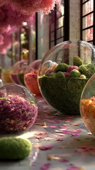 Glass orbs filled with flowers, indoor exhibit, sunlit floor