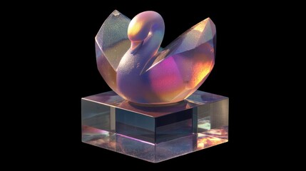 Glass swan sculpture, studio shot, iridescent, award
