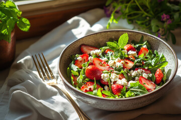 Healthy summer salad with strawberries arugula feta and fresh. Summer meal. 