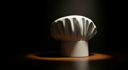 White culinary hat positioned on a dark wooden table, creating a striking contrast.