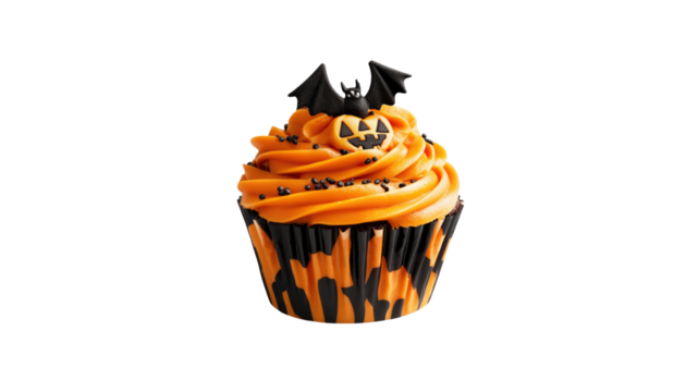 Spooky Halloween Cupcake with Bat and Pumpkin Decoration