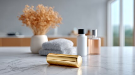 Golden container, bathroom setting, towels, product display