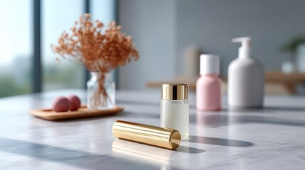 Golden cosmetic product on marble, modern bathroom background