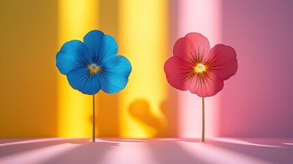 Two pansies blue, red, sunny background, soft shadows
