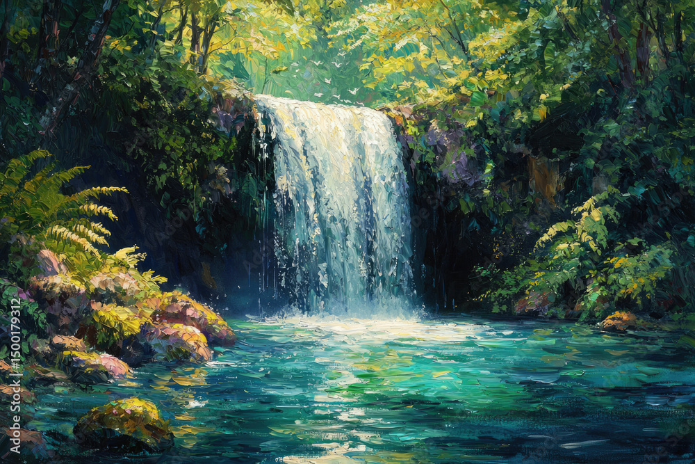 Poster serene waterfall cascading into a lush green pool, surrounded by vibrant foliage and towering trees.