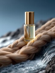 Golden oil bottle on braided hair, textured background, beauty product