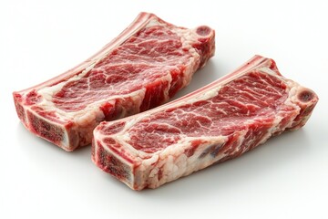 Fototapeta premium Two raw, bone-in rib chops, red meat, white background