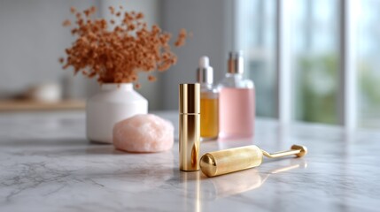 Golden roller & serum on marble, bright room