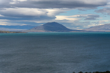 Fototapeta premium View of the mountain landscape in the national park Torres del Paine, Patagonia, Chile, South America Sarmiento lake