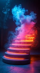 Neon-lit circular staircase engulfed in vibrant, swirling smoke