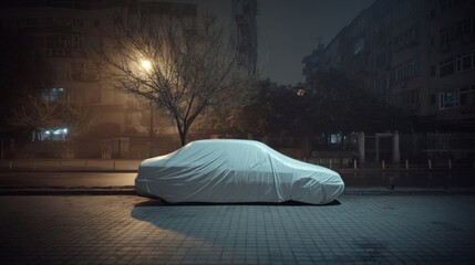 Passenger car concealed under a white sheet parked on the pavement, awaiting uncovering and use.