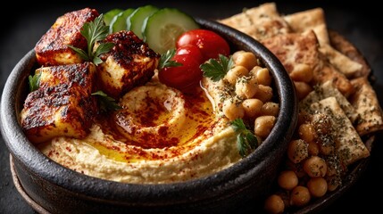 Grilled cheese, hummus, pita, chickpeas bowl