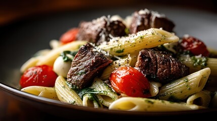 Grilled Steak Penne Pasta Dish, Close-up, Restaurant