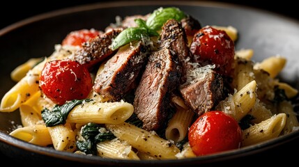 Grilled Steak Penne Pasta Dish, Dark Background