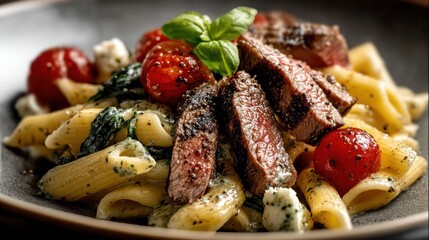 Grilled steak penne pasta salad, close-up, dark background, food photography