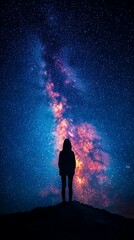 Solitary figure silhouetted against a vibrant, star-filled night sky, showcasing the majestic Milky Way galaxy