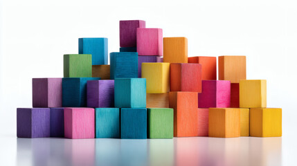 Colorful wooden blocks are arranged in a pyramid shape against a clean white backdrop.