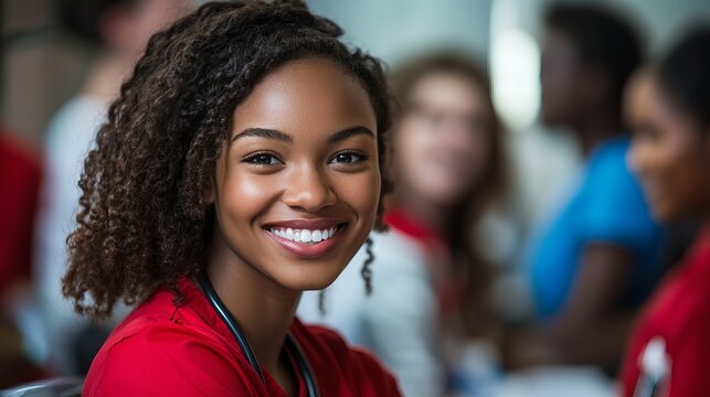 Smiling young female professional in red uniform looks directly at the camera with blurred people in background.