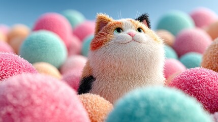 Happy cat amidst pastel balls, outdoors, clear sky