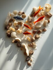 Heart-shaped aquarium scene; fish, stones, sunlight