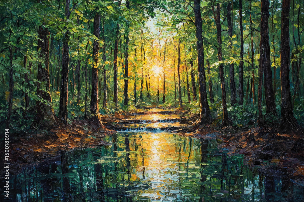 Poster Sunlit forest path reflected in a tranquil stream, creating a serene and picturesque landscape.