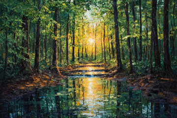 Naklejka premium Sunlit forest path reflected in a tranquil stream, creating a serene and picturesque landscape.