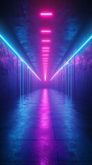 Neon-lit corridor, vibrant pink and blue hues, reflective floor, futuristic ambiance