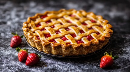 Strawberry pie sits on a dark speckled surface near several fresh strawberries with green stems.
