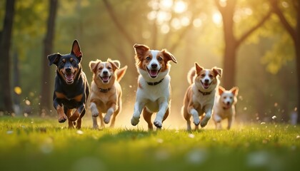 Fototapeta premium Happy dogs run joyfully through sunny park. Energetic pets enjoy play, fun, health. Companionship on green grass with happiness. Perfect leisure activity, love, freedom.