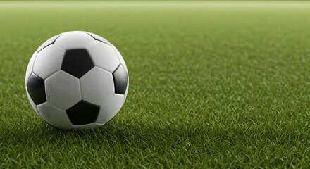 Fototapeta premium Soccer Ball on Green Field: A classic black and white soccer ball rests on a meticulously maintained green field. This image evokes the anticipation and energy of a game.
