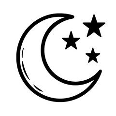 Simple Black and White Crescent Moon and Stars Outline Icon