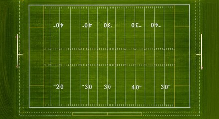 Aerial View of Football Field: An overhead perspective captures a vibrant, meticulously maintained American football field. Stripes and yard lines meticulously frame the playing area.
