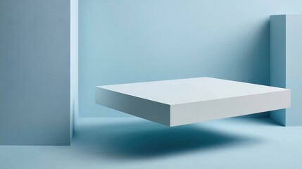 Hovering white cube platform suspended in minimalist blue space, providing sleek display surface for contemporary product presentation with clean, abstract aesthetic