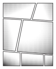 Comic book panel background, blank storyboard manga cartoon panels template with halftone effect