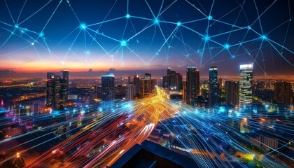 Obraz premium this image depicts a city rooftop view at night where colorful digital network lines interconnect the buildings in a vibrant display