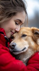 Woman gently embraces her affectionate dog, sharing a tender moment of love and companionship
