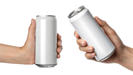 Hands holding two blank white aluminum cans mockup on transparent background