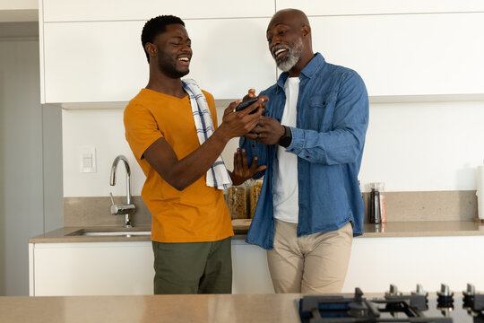 Grinding African American father and son using black pepper mill at kitchen counter, with towel