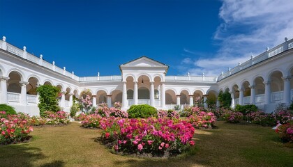 Obraz premium stunning white palace with arched columns surrounded by vibrant flowers and lush greenery creates serene and enchanting atmosphere elegant architecture and colorful blooms evoke sense