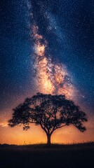 Solitary tree silhouetted against a vibrant sunset and the breathtaking Milky Way galaxy