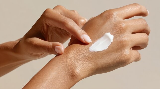 Female hands smoothing moisturizer on face, nourishing delicate skin, ensuring healthy glow and soft complexion during morning beauty regimen