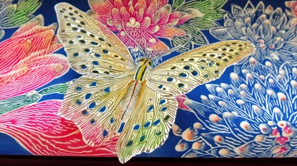 Illuminated butterfly art, floral backdrop, museum display