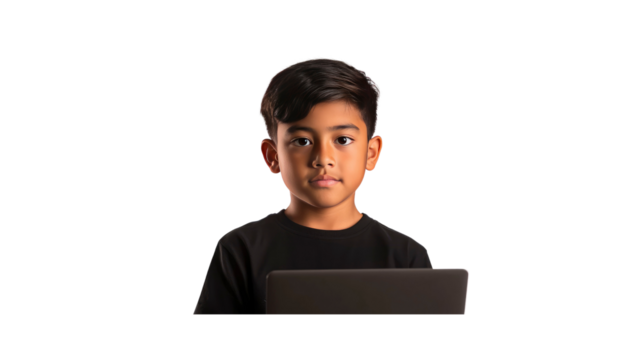 Focused Young Boy Using Laptop, Serious Expression, Transparent Background