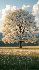 Solitary tree in bloom, surrounded by wildflowers, bathed in golden light of sunset