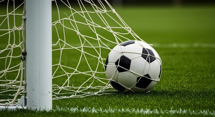 Goal Triumph: Capturing a tense moment in a game, a soccer ball rests snugly in the goal, symbolizing the essence of victory. The scene, with meticulous detail and striking color composition.