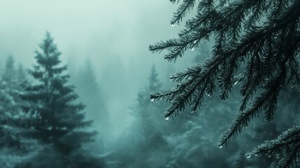 Obraz premium Tree in a forest with raindrops on it. The image has a serene and tranquil atmosphere