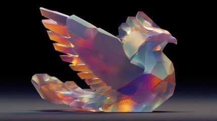 Iridescent Glass Bird Sculpture, Dark Background, Studio Shot, Decorative Art